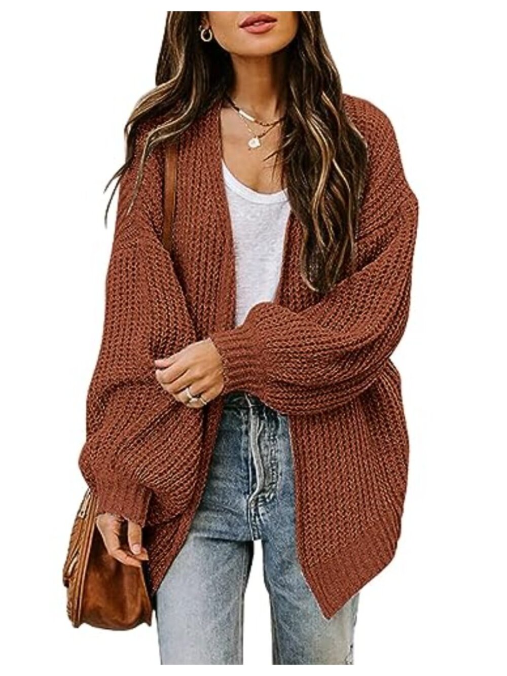 Womens Oversized Chunky Knit Open Front Lantern Sleeve Cardigan Sweater